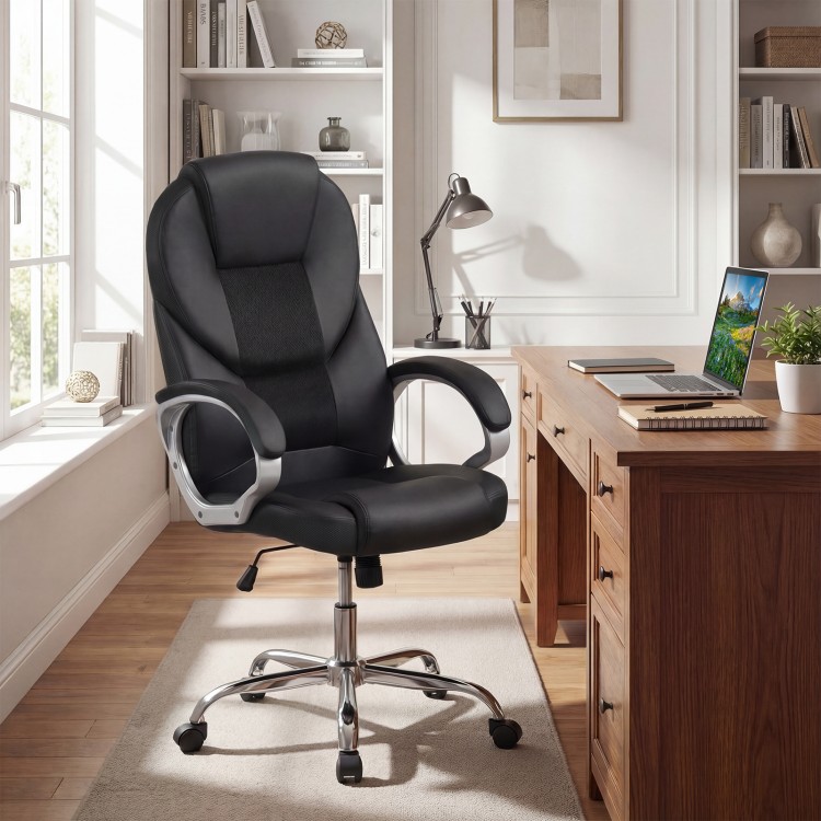 Leather Office Chair Ergonomic Mesh Executive Chair with Padded Armrests and Rocking Backrest - Gallery View 2 of 10