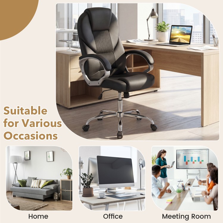 Ergonomic black leather office chair with padded armrests and adjustable backrest, ideal for home and office use.