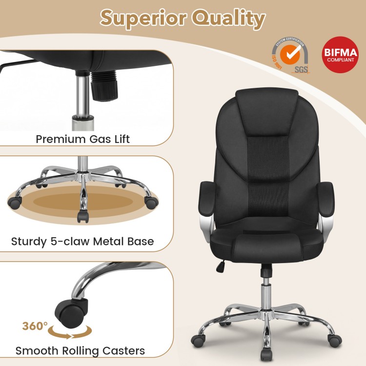 Ergonomic black leather office chair with padded armrests, adjustable backrest, and smooth rolling casters for.