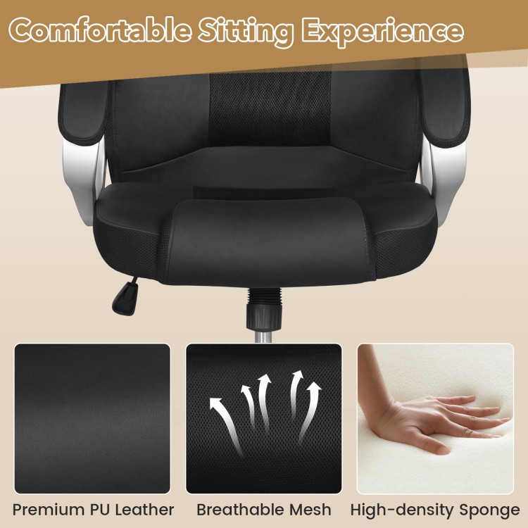 Ergonomic black office chair with padded armrests, breathable mesh, and high-density sponge for comfortable sitting.