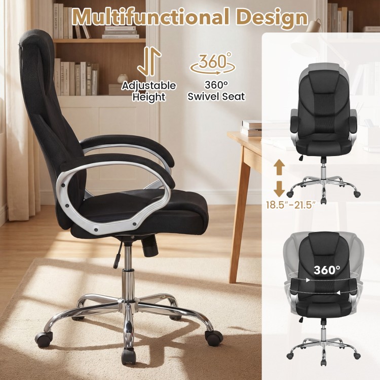 Ergonomic black leather office chair with padded armrests, adjustable height, and 360° swivel for versatile use.