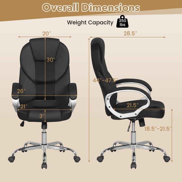 Ergonomic black leather office chair with padded armrests, adjustable backrest, and 360° swivel for office use.