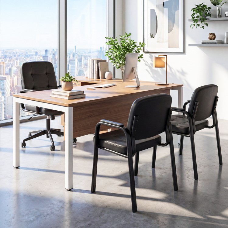 Set of 2 leather office reception chairs with cushioned seats and ergonomic backrests, ideal for waiting rooms.