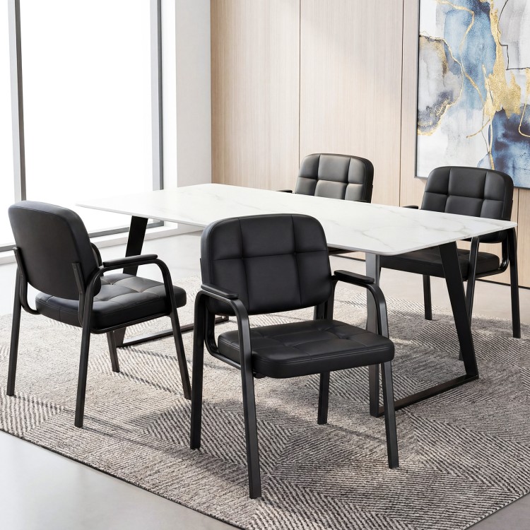 Black leather office reception chairs with cushioned seats and ergonomic backrests, ideal for waiting rooms and home.