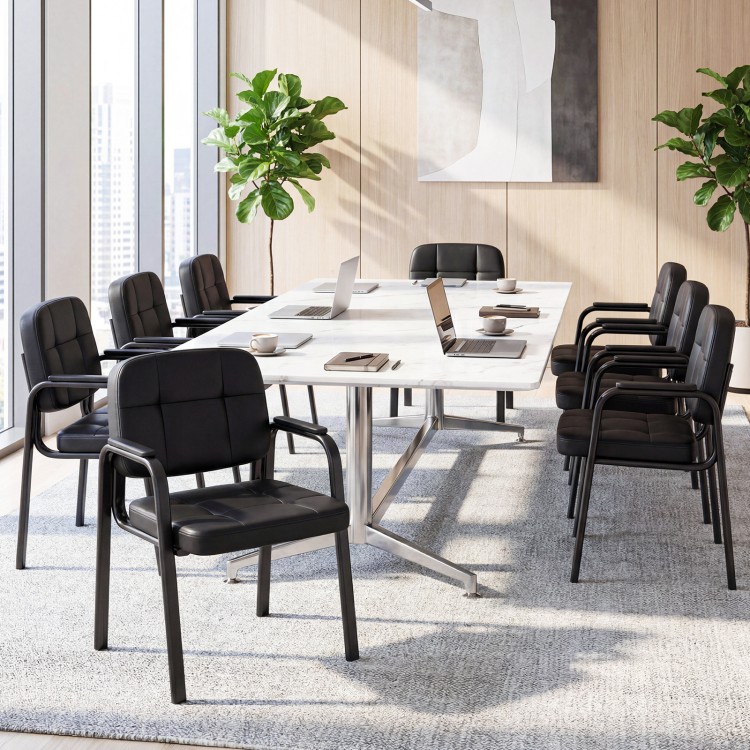 Set of four black leather office reception chairs with padded armrests, ergonomic backrests, and heavy-duty metal.