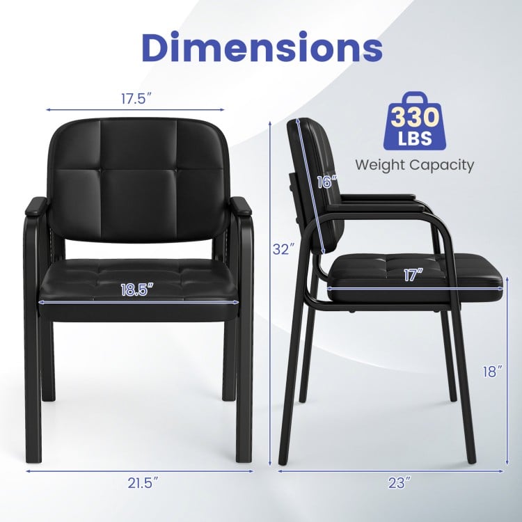 Side view of a leather office reception chair showing dimensions, with a heavy-duty metal frame and cushioned seat for.