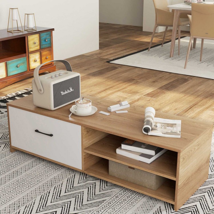 TV stand with two open shelves and a drawer, made of wood, suitable for 55-inch TVs, ideal for living room storage.