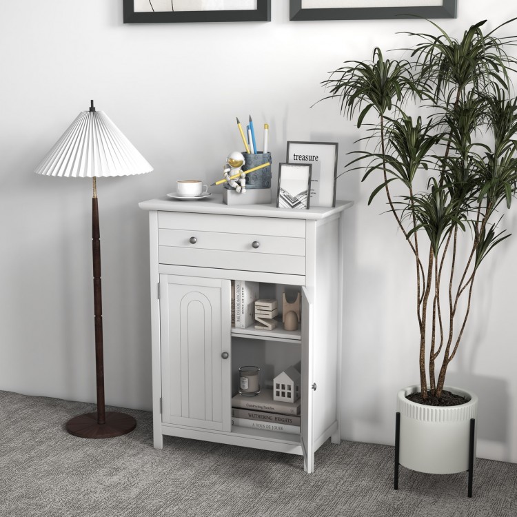 Free-standing bathroom storage cabinet in white with a large drawer and stylish grooves, perfect for organized living.