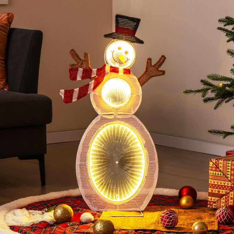 Lighted snowman decoration with 105 LED lights, metal stand, and elegant scarf, perfect for living rooms or outdoor.