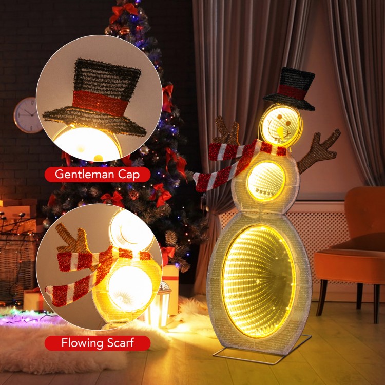 Lighted snowman with LED lights, gentleman cap, and flowing scarf, perfect for festive outdoor decoration.