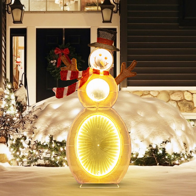 Lighted snowman decoration with 105 LED lights, metal stand, and scarf, perfect for outdoor holiday displays.
