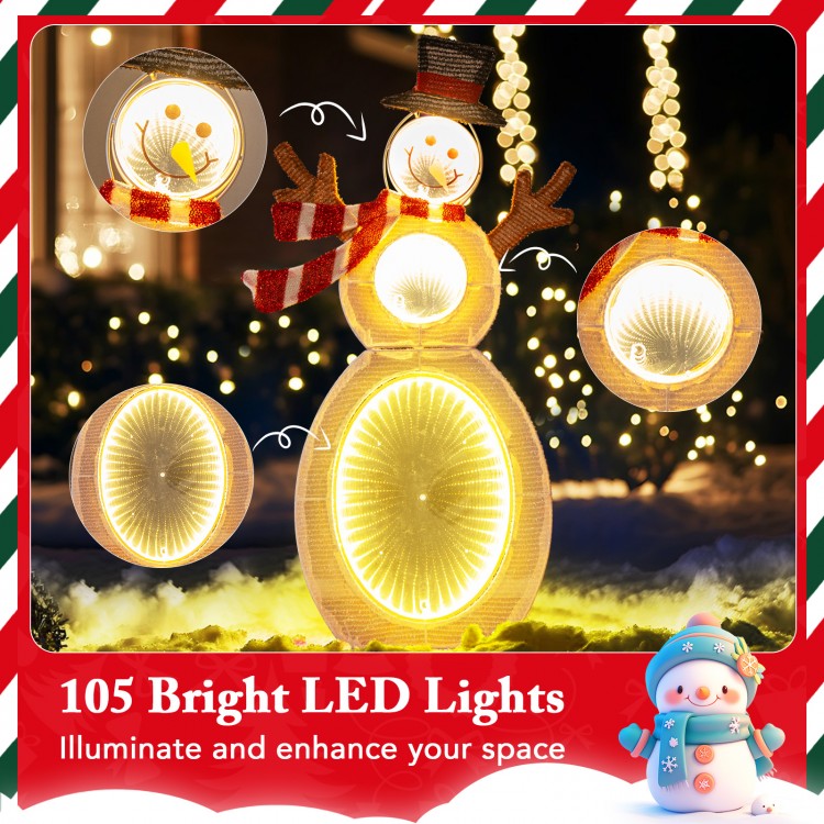 Lighted snowman with 105 bright LED lights and metal stand, perfect for outdoor decoration in your yard or porch.