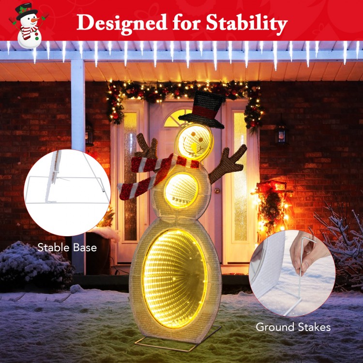 Lighted snowman decoration with 105 LED lights, stable base, and ground stakes for outdoor holiday charm.