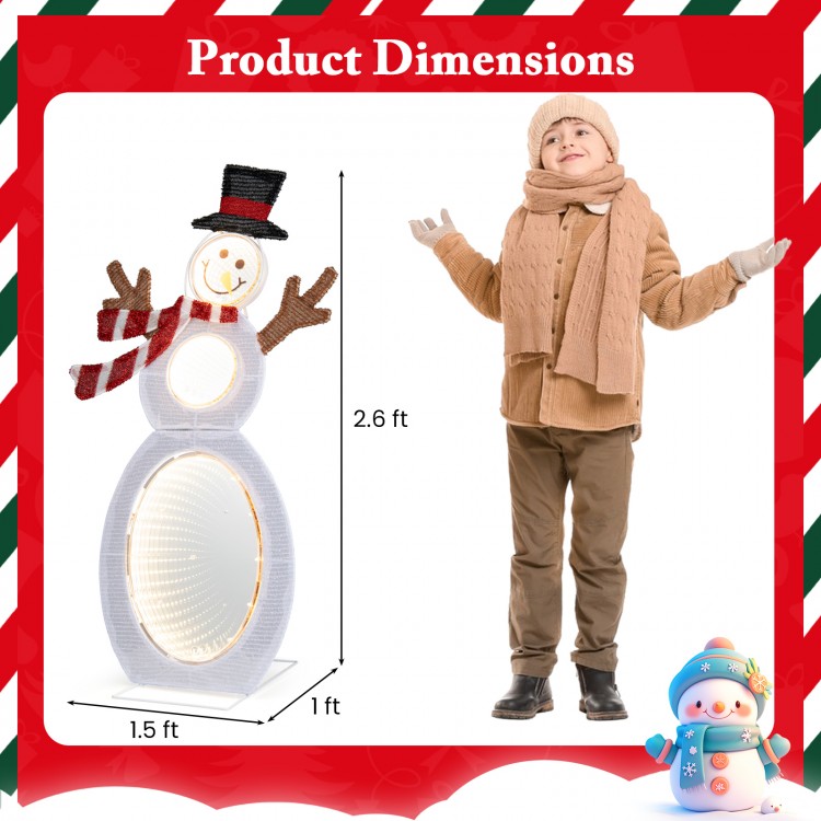 Lighted snowman decoration standing 2.6 feet tall with LED lights and metal stand, ideal for outdoor holiday displays.