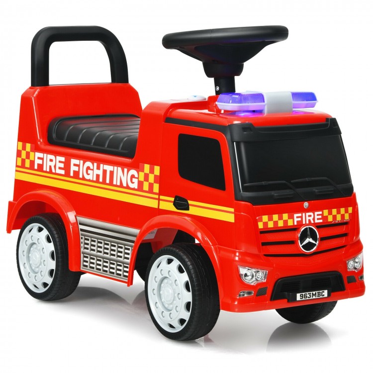 Licensed Mercedes Benz kids fire engine racer in red with warning lights, ergonomic seat, and storage for toys.