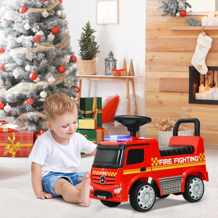 Red Mercedes Benz kids fire engine ride-on toy with ergonomic seat, storage space, and warning lights for ages 12-36.