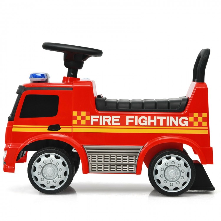 Red licensed Mercedes Benz kids fire engine ride-on toy with ergonomic seat, storage space, and warning lights for ages.