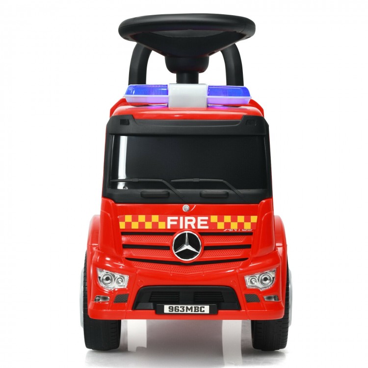 Red licensed Mercedes Benz kids fire engine ride-on toy with warning lights, sounds, and ergonomic design for toddlers.