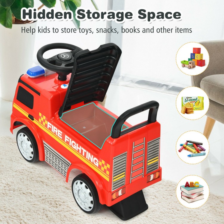 Red kids fire engine ride-on toy featuring hidden storage space for toys and snacks, ideal for ages 12 to 36 months.