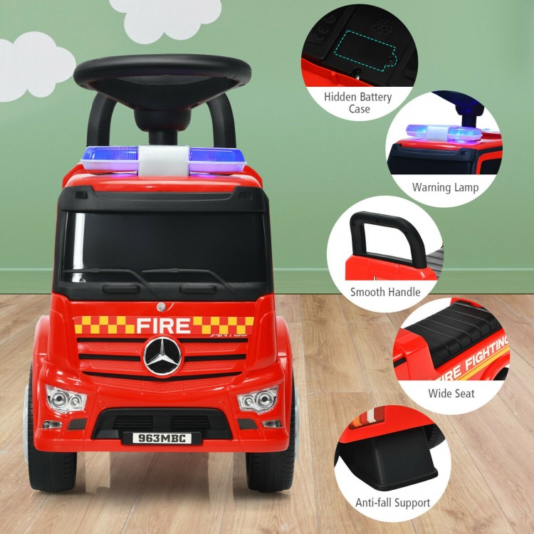 Licensed Mercedes Benz kids fire engine racer in red with warning light, ergonomic seat, and sturdy metal frame for.