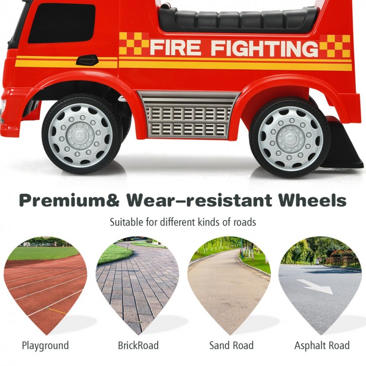 Close-up of the Mercedes Benz Kids Fire Engine Racer's wear-resistant wheels, ideal for various road types.