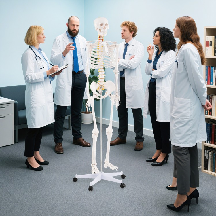 Life-size human skeleton model with movable jaw and detachable skull cap, ideal for anatomy education and medical.