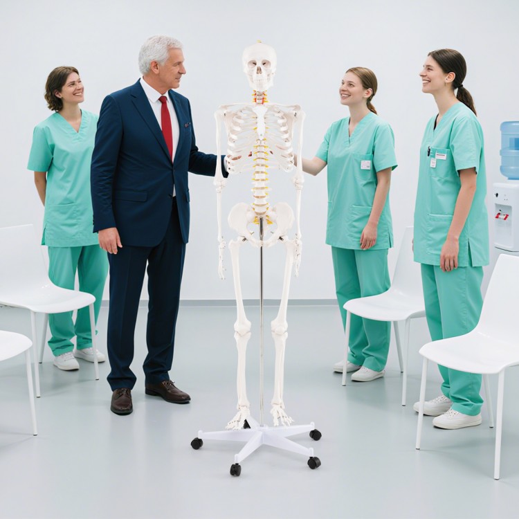 Life-size human skeleton model with detachable skull cap and movable jaw, ideal for medical education and anatomy.