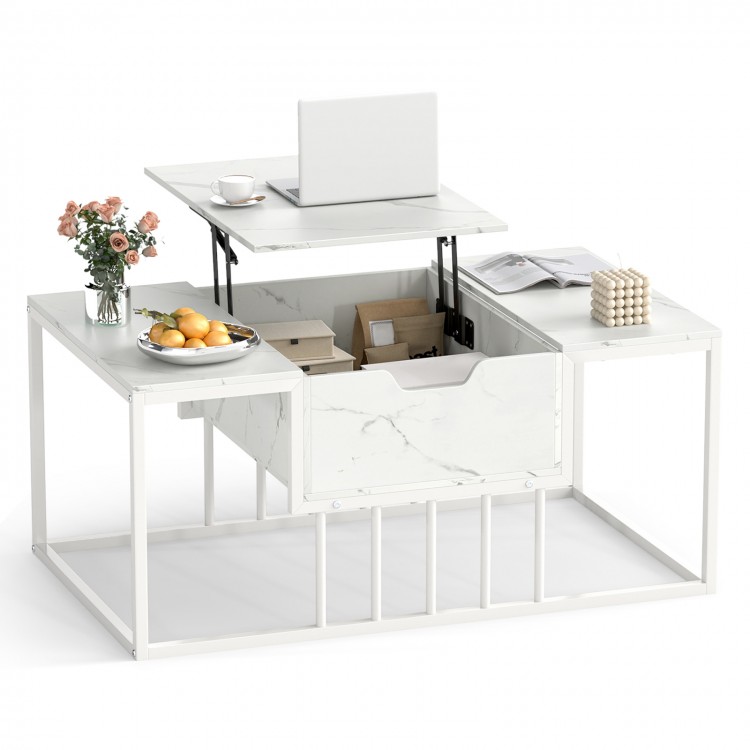 Lift top coffee table in white with hidden storage compartment, ideal for workspace or living room organization.