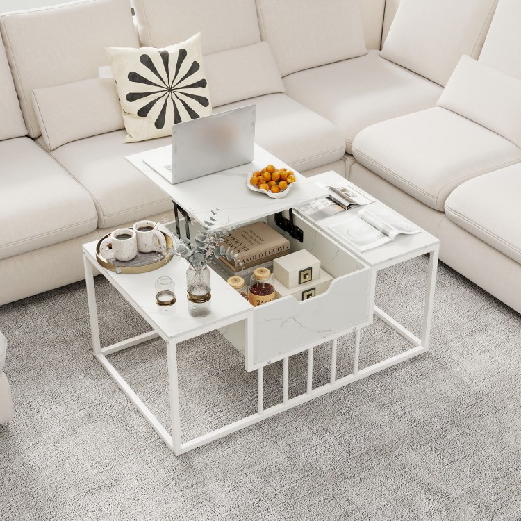 Lift top coffee table in white, showcasing a smooth lifting mechanism and spacious hidden storage for organized living.