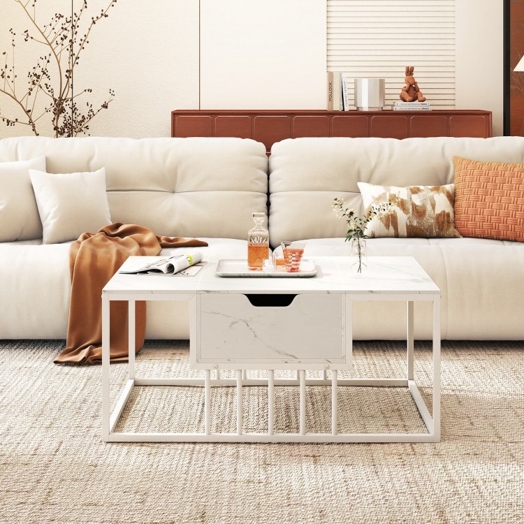 Lift top coffee table in white with hidden storage compartment, ideal for living room organization and versatile use.