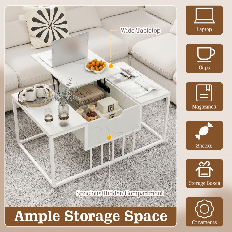 Lift top coffee table in white with spacious hidden compartment, wide tabletop, and ample storage for various items.