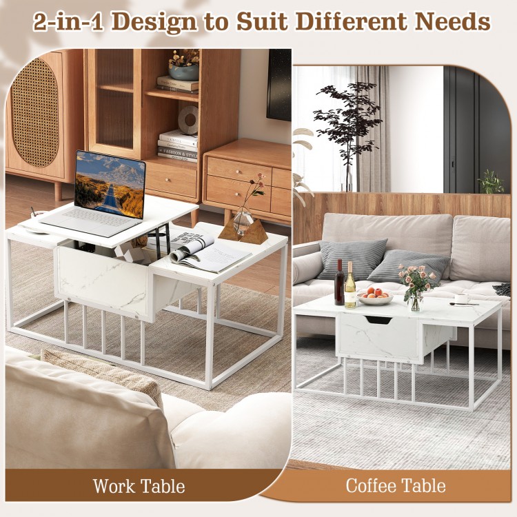 Lift top coffee table in white with hidden storage, adjustable height for versatile use as a work or coffee table.