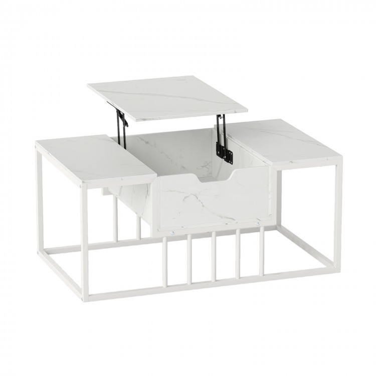 Lift top coffee table in white, featuring a modern design with a spacious hidden compartment and smooth gas strut.