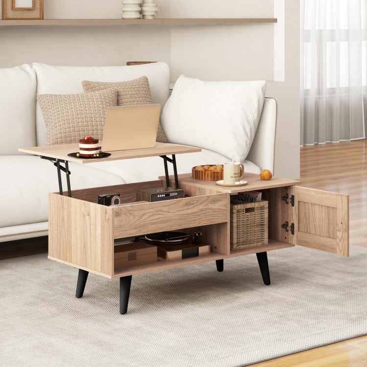 Lift top coffee table in natural finish with storage compartments, ideal for snacks and laptops in modern living spaces.