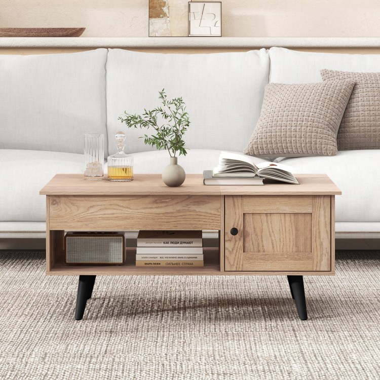 Lift top coffee table in natural wood with storage, spacious hidden compartment, and modern design for versatile use.