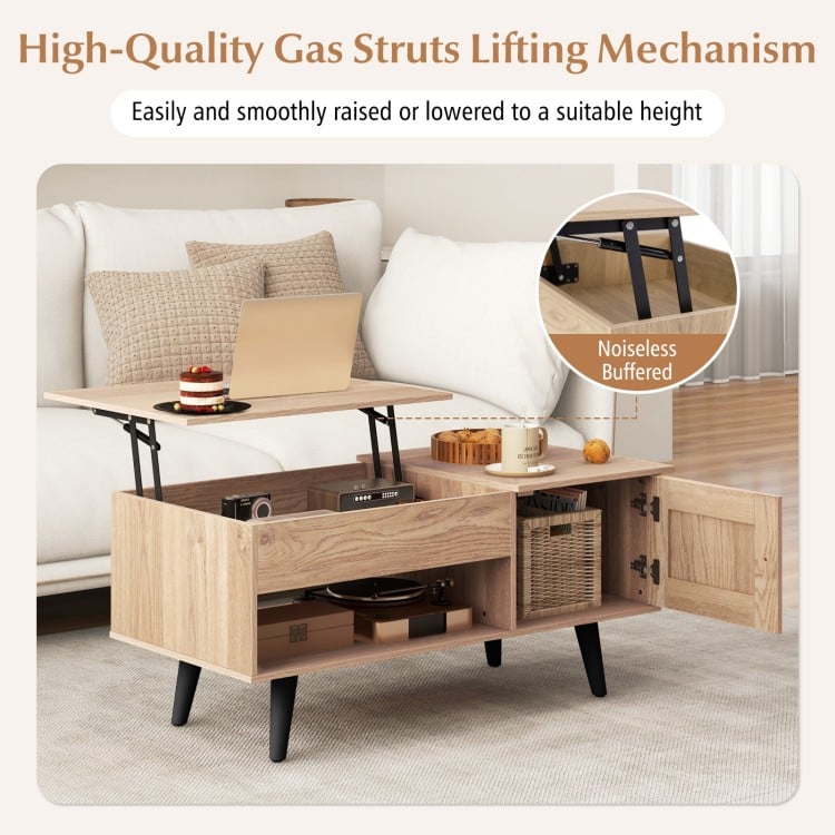 Lift top coffee table in natural finish with storage compartments and gas struts mechanism for versatile use in living.