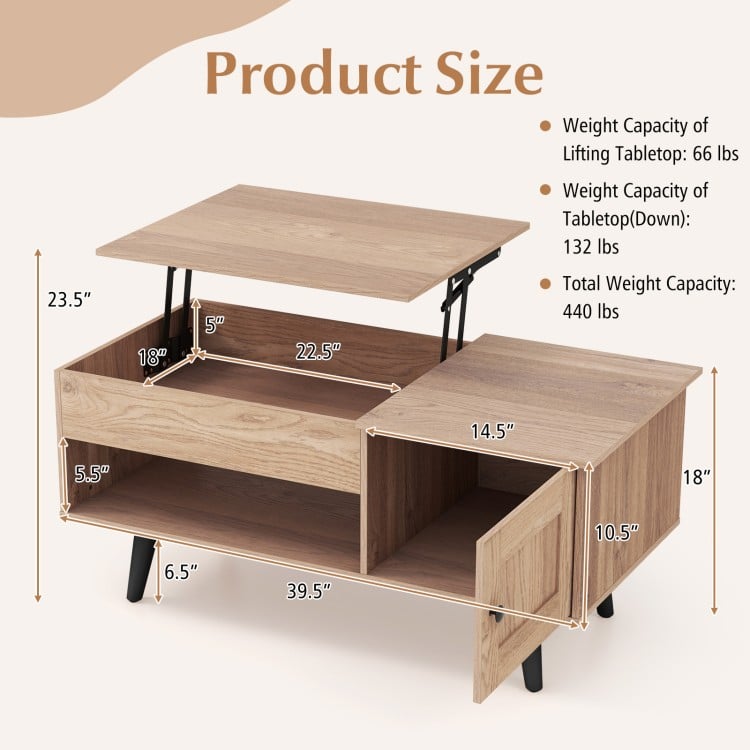 Lift top coffee table in natural finish with storage compartments and spacious tabletop for versatile use in living.