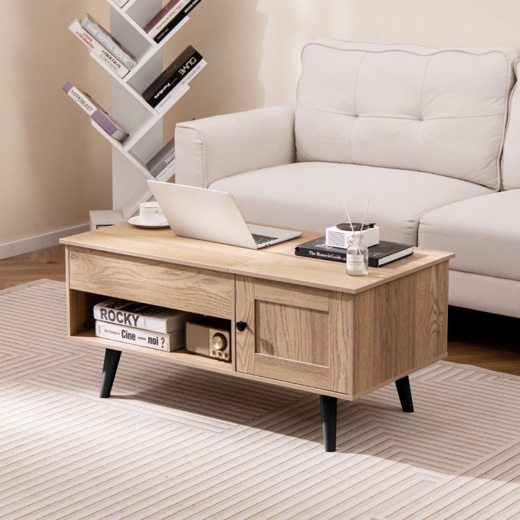 Lift top coffee table in natural finish featuring a wide tabletop and stylish design, perfect for modern home decor.