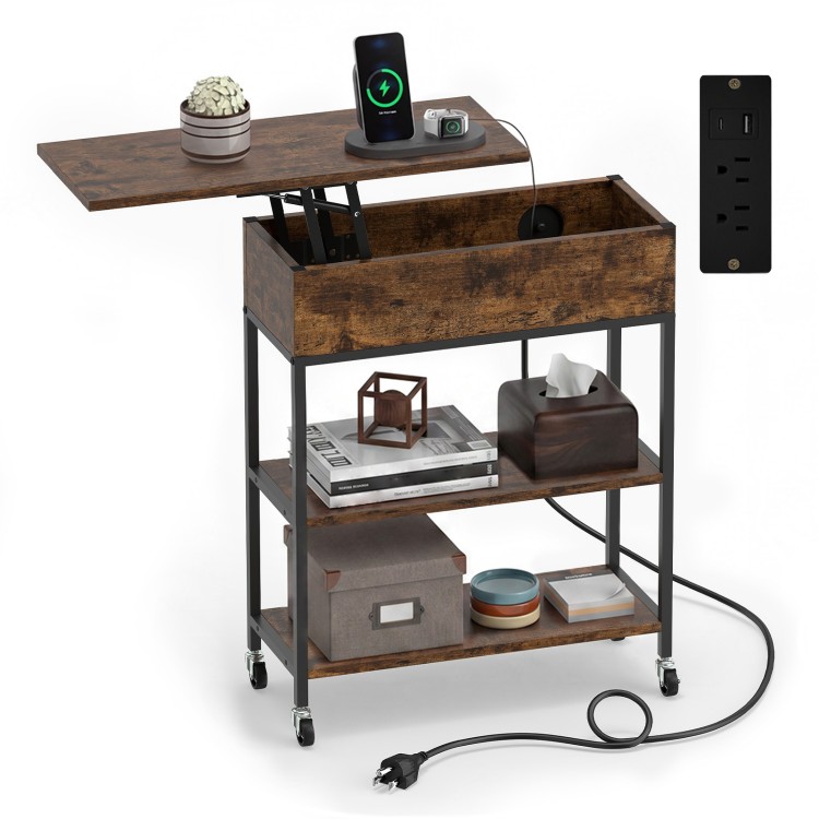Lift top end table in rustic brown with charging station, wheels, and storage, ideal for living room or bedroom use.