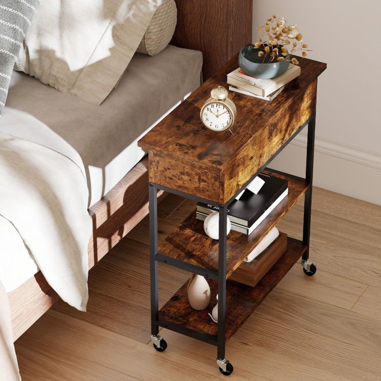 Rustic brown lift top end table with charging station, featuring wheels, open shelves, and a hidden storage compartment.