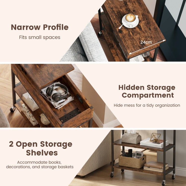 Lift top end table in rustic brown with hidden storage, two open shelves, and charging station for versatile use.