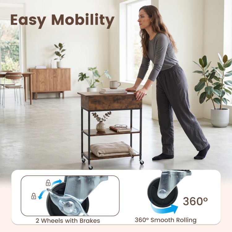 Lift top end table in rustic brown with charging station, featuring 360° rolling wheels and two open shelves for versatile use.