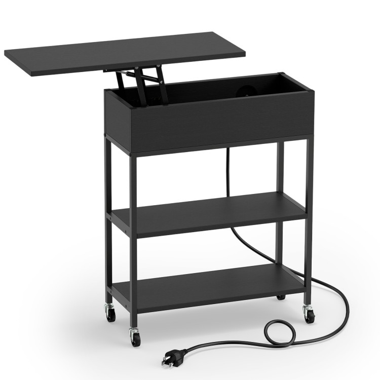 Lift top end table in black with charging station, wheels, and storage, ideal for living room or office use.
