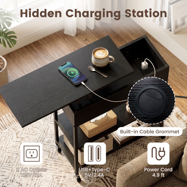 Lift top end table in black with charging station, featuring 2 AC outlets, USB ports, and smooth rolling casters for easy mobility.