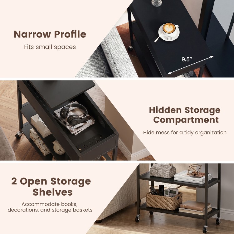 Lift top end table in black with charging station, hidden storage, and two open shelves for versatile organization.
