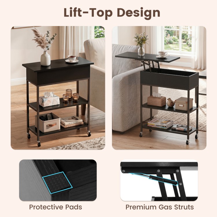 Lift top end table in black with charging station, universal wheels, and two open shelves for versatile storage.