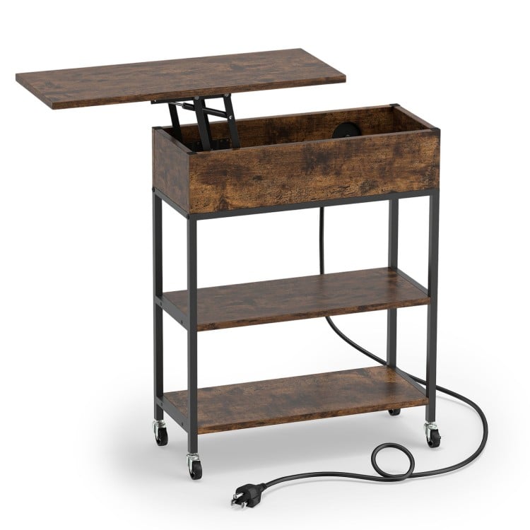 Rustic brown lift top end table with a gas strut lift design, featuring hidden storage and a built-in power strip for convenience.