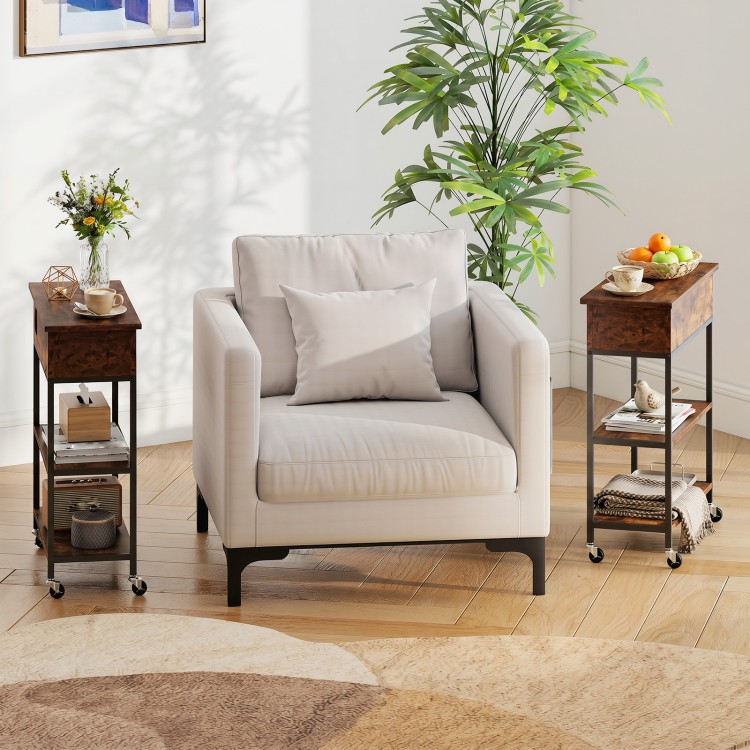 Rustic brown lift-top end table with charging station, hidden storage, and universal wheels for easy mobility and organization.