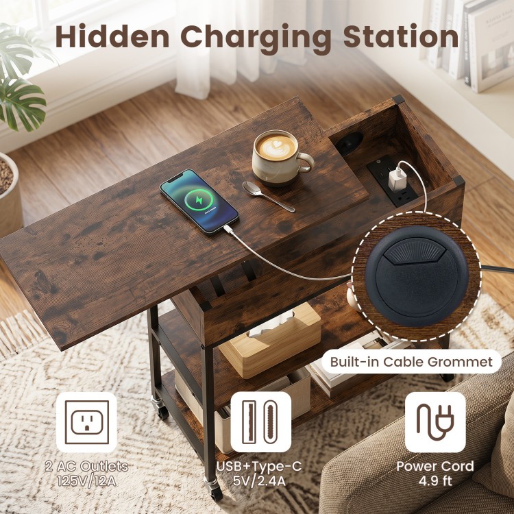 Lift top end table in rustic brown with hidden charging station, built-in power strip, and universal wheels for easy mobility.