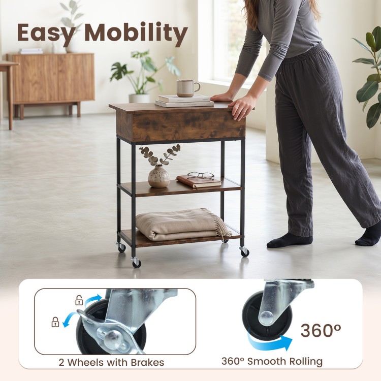 Lift top end table in rustic brown with charging station, featuring 360° wheels for easy mobility and hidden storage.